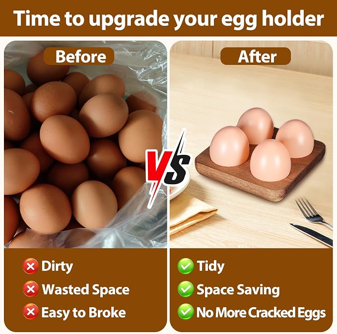 Homoyoyo 4 Egg Holder Countertop, Acacia Wood Egg Holder 4 Slot, Compact Natural Organizer for Kitchen Display Fridge for Chocolates, Sushi, Kitchen Organization for Busy Parents Home Hearth - Image 2