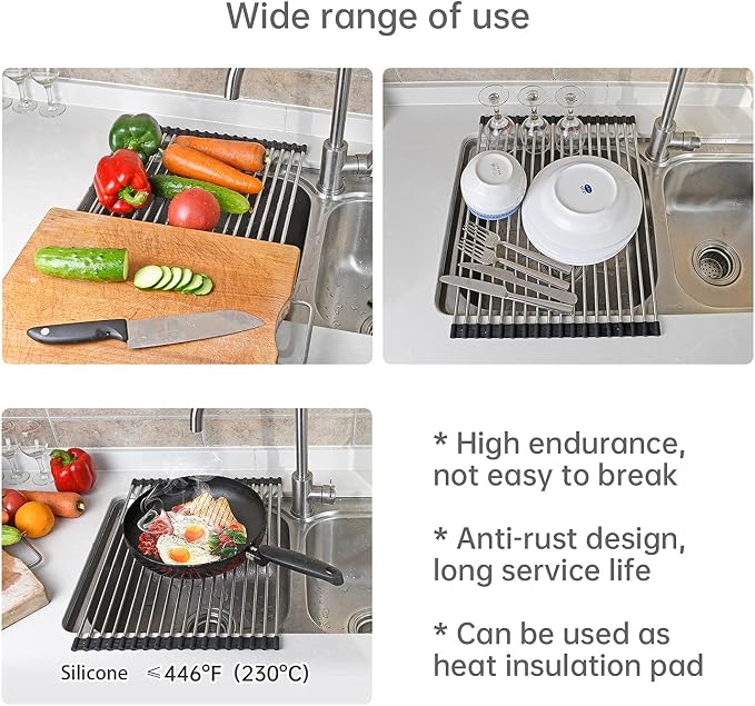Large Telescopic Drain Rack Roll Up Rack Heat-Resistant Dish Drainer Kitchen Sink Rack Over the Sink Dish Drying Rack Stainless Steel Dish Rack (18 Tube 21.25''x12.79'') - Image 5