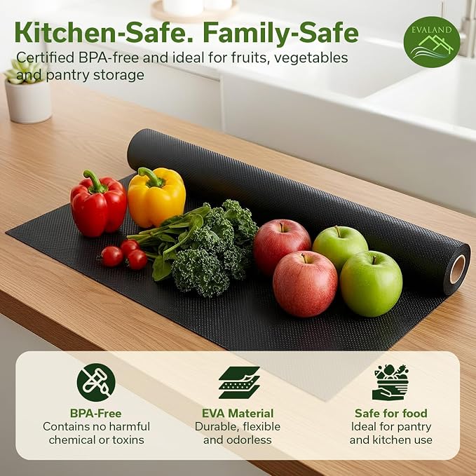 EVALAND Shelf Liner Cabinet Liner Non-Adhesive Drawer Liner 12 in x 33 FT | Non-Slip, Washable, Waterproof, Fridge Liners, Contact Paper, Shelf Liners for Cabinets, Kitchen, Refrigerator, Black - Image 6