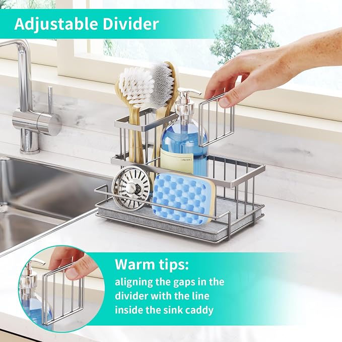 HapiRm Sink Caddy Sponge Holder - Kitchen Sink Organizer with Instant Drying Stone and Brush Holder, Stainless Steel Sponge Caddy for Kitchen Countertop - Brushed Nickel - Image 5