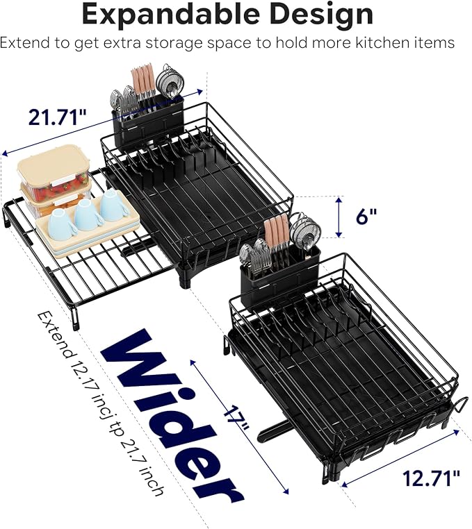 Simple Trending Dish Drying Rack - Expandable Dish Rack for Kitchen Counter, Large Capacity Dish Drainer, Stainless Steel Dish Strainer with Utensil & Cup Holders, Black - Image 2