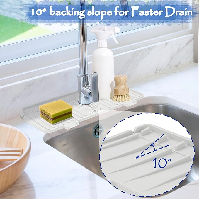 Amerner Kitchen Sink Splash Guard, Silicone Faucet Guard & Draining Mat, Bathroom and Kitchen Sink Organizer, Sink Faucet Mat Water Splash Guard Behind Faucet Accessories Gadgets, 14.2” x 5.1”, White - Image 4