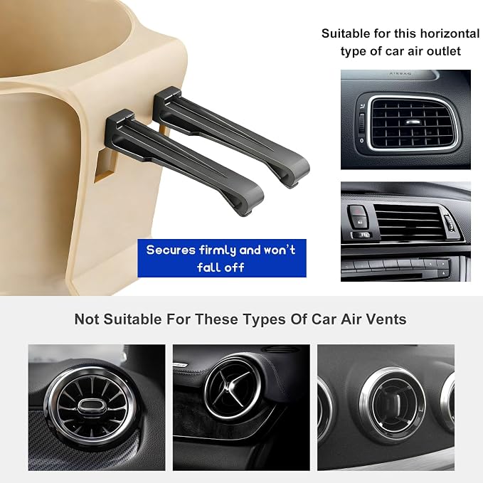 Car Cup Holder Hook, Auto Door Window Mount Drink Holder Bottle Organizer with Air Vent Clips, Universal Vehicle Hanging Beverage Holders for Coffee Water Bottles Soda Cans (Beige) - Image 3