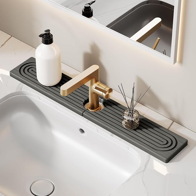 23.6 Inch Stone Faucet Mat for Kitchen Sink Splash Guard - Diatomite Quick Dry Stone Mat Kitchen Sink Protectors, Water-Absorbent Faucet Handle Drip Tray (Dark Gray, 23.6" x 3.9") by Unknown