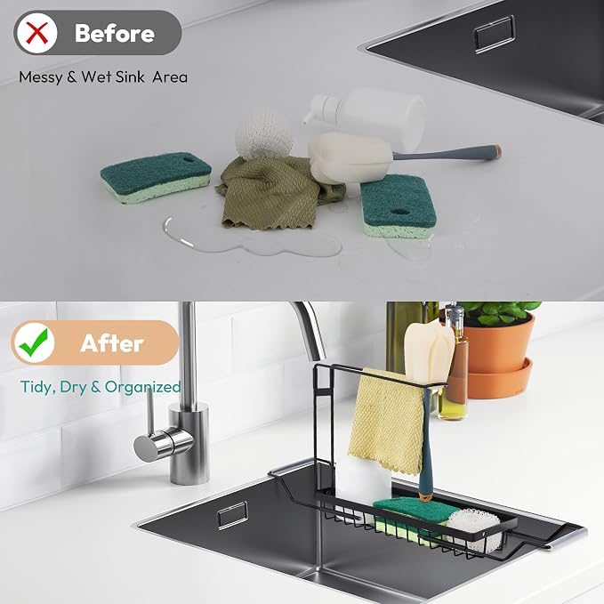 Over the Kitchen Sink Caddy Expandable (14.17-17.32 in) | Stainless Steel Anti-Slip Rustproof Sink Organizer Rack, Hanging Drying Holder for Sponges, Soap, Brushes, Dishcloths and Rag - Image 3