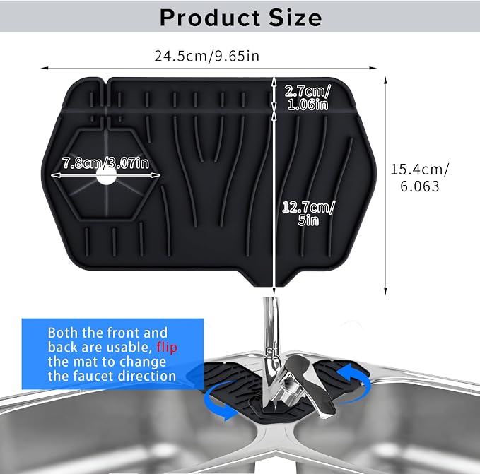 Silicone Sink Splash Guard Kitchen Splash Guard for Sink Splash Prevention Faucet Mat for Kitchen Sink Faucet Guard, Draining Mat Faucet Mat for Kitchen Sink Faucet Splash Guard（Black） - Image 2