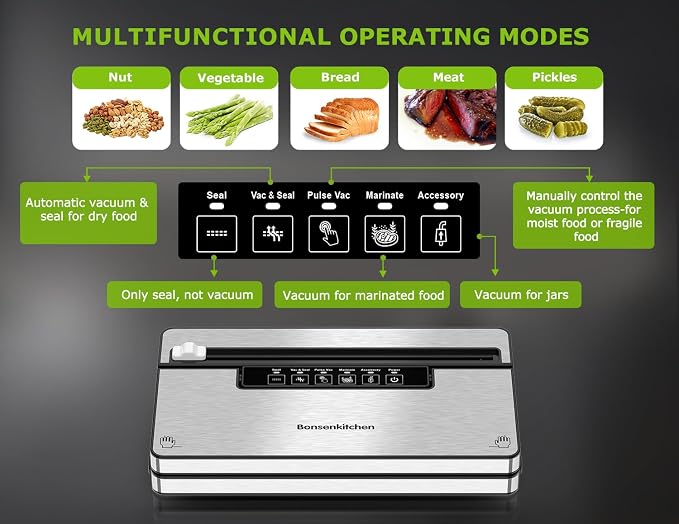 Bonsenkitchen Vacuum Sealer for Food, with Cutter&Bag Storage,Silver Black | 5 Modes Food Vacuum Sealer with Accessory Hose, for Meal Prep, Sous Vide, Bulk Storage,1 Roll & 5 Vacuum Bags - Image 2