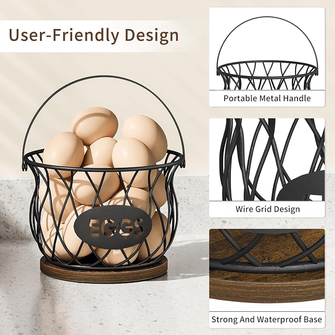 YINMIT Chicken Egg Basket for Gathering Fresh Eggs,Egg Collecting Basket | Wire Egg Holder Countertop,30-Egg Capacity,Metal Handle,Weighted Wood Base,Coop-To-Kitchen,Garden Harvest,Fruit Storage - Image 4