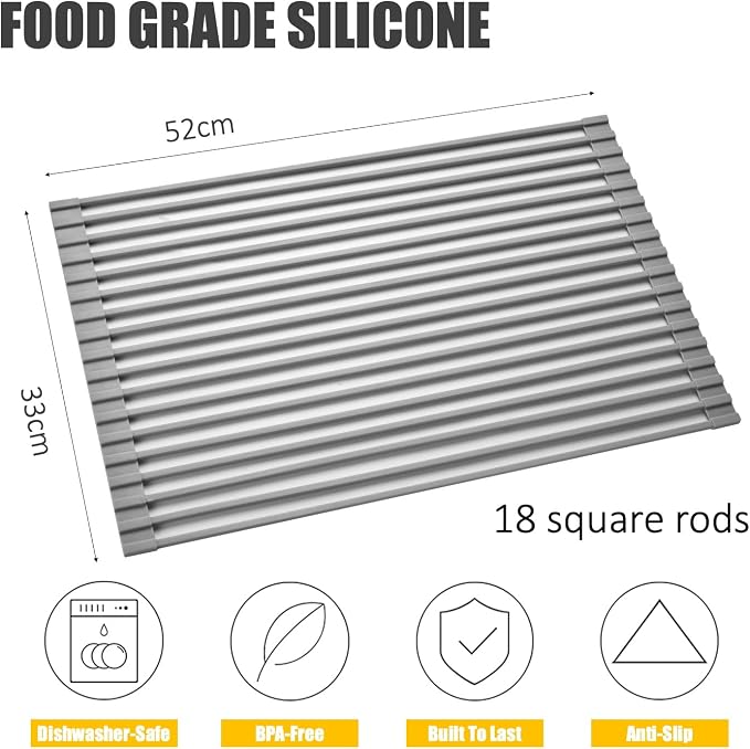 Roll Up Dish Drying Rack,Silicone-Coated Steel,20.8x13.2in | Over-sink rack,18 silicone-coated stainless steel rods,44 lb capacity,450°F heat resistance,roll-up storage - Image 5