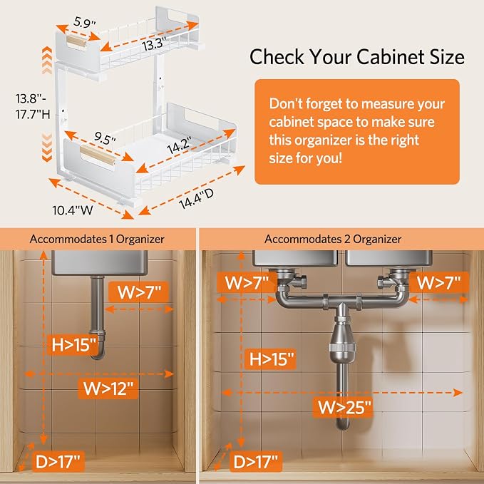 Delamu Under Sink Organizer Kitchen, 2-Tier Pull-Out Cabinet Shelf, 2-Pack | 2-Tier Smooth Slide, 5 Adjustable Heights, Anti-Tip Suction Cups, Sturdy Metal, For Kitchen Bathroom Pantry Laundry, White - Image 6