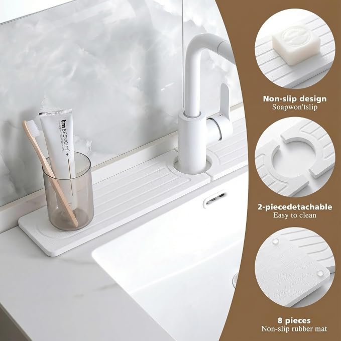 Diatomite Faucet Mat for Kitchen Sink, Quick-Dry Stone-Like Sink Mat, Flat Lay Absorbent Countertop Drying Mat for Faucet Area, Hard Diatomite Mat, White, 15.8 x 4 in - Image 3