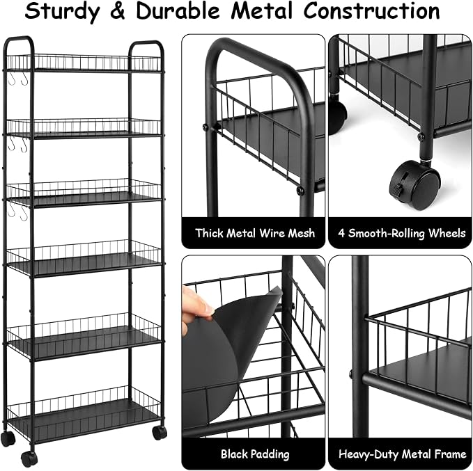 6 Tier Rolling Storage Cart on Wheels, Slim Tall Narrow Storage Shelf for Small Spaces, Metal Utility Cart Freestanding Mobile Shelving Rack with Wheels for Kitchen, Bathroom, Laundry Room - Image 5