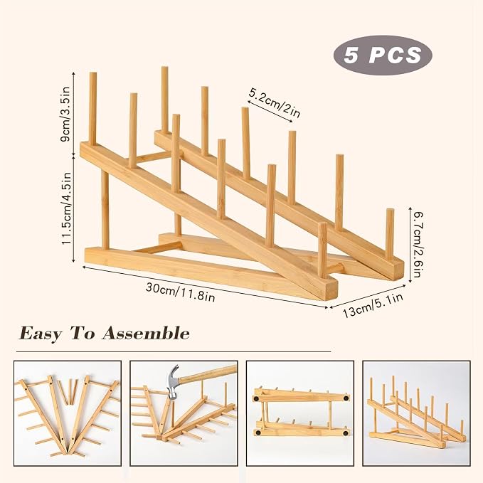 5 Pack Plate Stands For Display, Wooden Multi Plate Holder Organizer | 5-Tier Craft Show Vendor Counter Display Rack for Tabletop Book, Art Prints, Platter and Cabinet Organization - Image 3