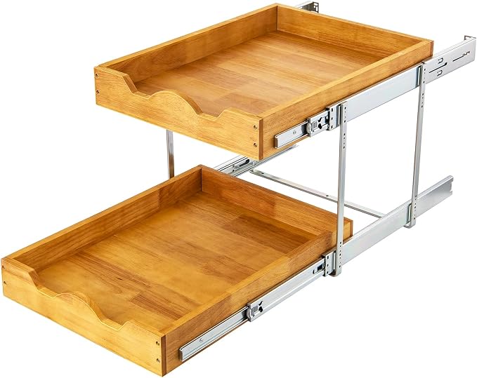 DINDON 2 Tier Pull Out Cabinet Organizer (20" W x 21" D) Wood And Metal Double Tier Slide Out Wood Drawer Under Cabinet Storage Organization by DINDON