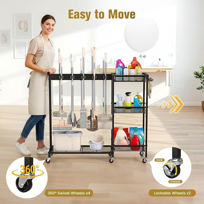 Broom Holder with Cleaning Supplies Organizer, Cleaning Utility Cart on Wheels, 10 Clips & 7 Hooks, 3-Tier Shelves, Broom Closet Storage Cabinet with Cleaning Caddy for Home Commercial Use - Image 7