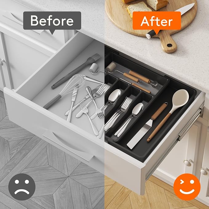 Lifewit Extra Large Silverware Drawer Organizer, Expandable Utensil Tray | BPA Free Flatware Cutlery Holder for Kitchen, Adjustable Plastic Storage for Spoons Forks Knives, 13-22.4 x 16.7, Black Gray - Image 6