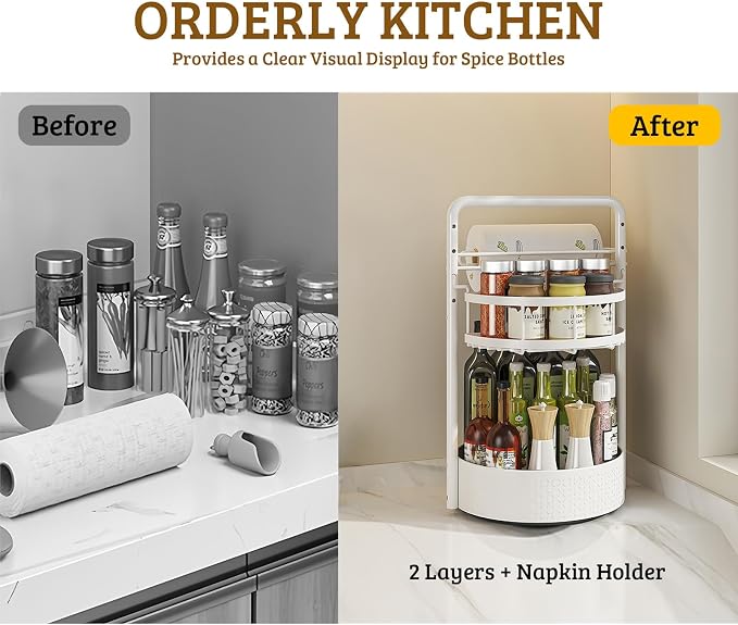 Rotating Spice Rack with Paper Towel Holder, White | 2 Tier Turntable Lazy Susan, Durable Iron, Seasoning Organizer, For Kitchen Countertop - Image 6