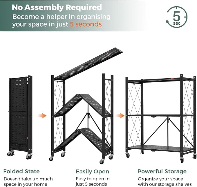 DEANIC 3 Tier Foldable Storage Shelves with Wheels, Kitchen Appliance Stand, Freestanding Metal Wire Shelf Rack, No Assembly Organizer Rolling Cart for Garage, Basement, Pantry(Black Pack of 2) - Image 5
