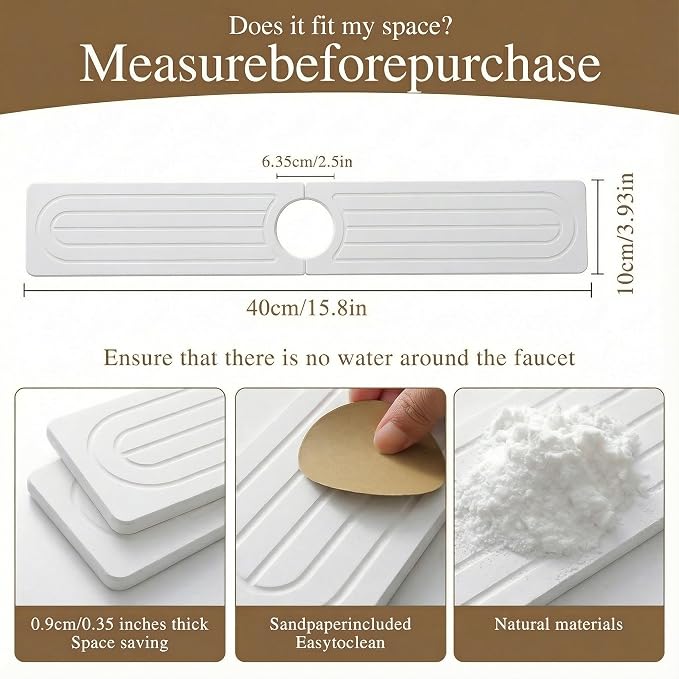 Diatomite Faucet Mat for Kitchen Sink, Quick-Dry Stone-Like Sink Mat, Flat Lay Absorbent Countertop Drying Mat for Faucet Area, Hard Diatomite Mat, White, 15.8 x 4 in - Image 5