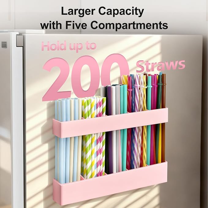 9.5” Large Acrylic Straw Holder for Cabinet Door, Adjustable Two-Part | Reusable Straws Organizer with Ultra Sticky Adhesive Strips, 2026 Straw Storage for Kitchen Cupboard (Rose Stone) - Image 3