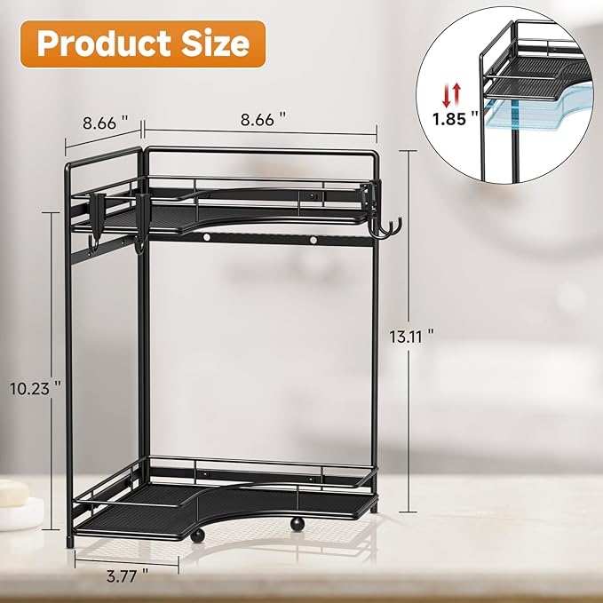 VITVITI 2-Tier Corner Bathroom Counter Organizer, Bathroom Countertop Organizer Storage for Sink, Metal Mesh Makeup Organizer for Vanity Countertop Kitchen with Hooks, Black - Image 6