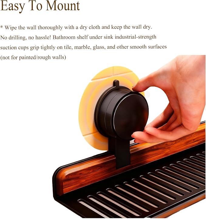 Bathroom Sink Shelf Over Faucet, No Drill, 16 Inch, Black | No-drill bathroom sink organizer shelf with suction cups and drainage holes for toothbrushes, soap, and sink essentials. - Image 6