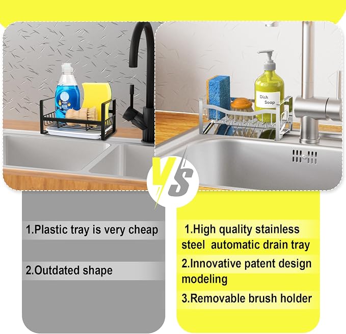 Stainless Steel Kitchen Sink Caddy Organizer with Auto Drain Tray, Sponge Holder for Countertop Storage Silver - Image 4