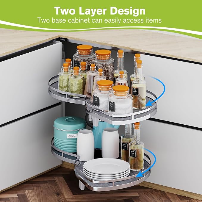 Blind Corner Cabinet Pull Out Organizer, Soft Close Swing Right Pull Out Cabinet Organizer 30inch, Corner Cabinet Lazy Susan for Blind Shelf, 2 Tiers Tray, Adjustable Height - Image 3