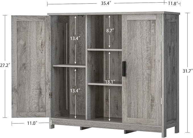 Iwell Storage Cabinet with 2 Doors and 4 Adjustable Shelves, Buffet Cabinet with Storage, Floor Cabinet for Living Room, Entryway, Kitchen, Rustic Gray - Image 3
