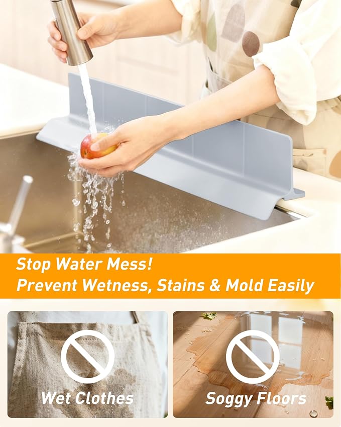 Sink Splash Guard 23" 18" 30" Silicone Water Guard with Strong Suction Cups, Faucet & Countertop Protector, Bathroom & Sink Edge Splash Guard Strip, Dishwasher Safe-Grey 23" - Image 2