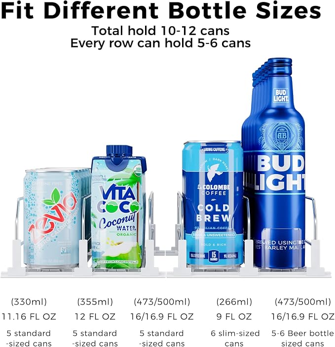 Puricon Drink Organizer for Fridge, Soda Can Organizer -2 Rows, White | Self-Pushing Spring-Loaded Drink Dispenser for Refrigerator, Holds Soda, Beer & Water Bottles Neatly in Rows - Image 3