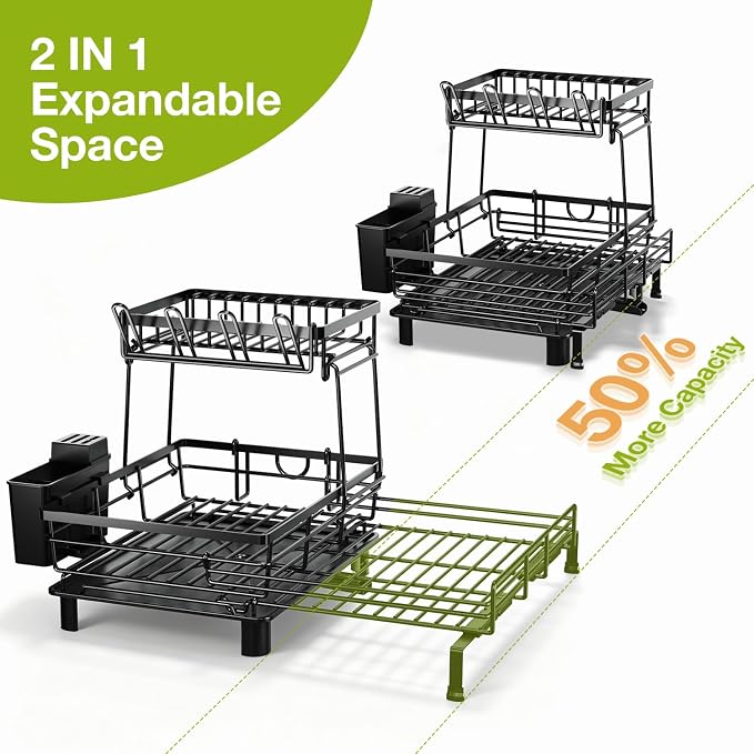 2-Tier Expandable Dish Drying Rack for Kitchen Counter, Black | Large Capacity Dish Rack Organization, Heavy-Duty Carbon Steel, 17 lbs Capacity, Swivel Drain Spout & Cup Hooks - Image 2