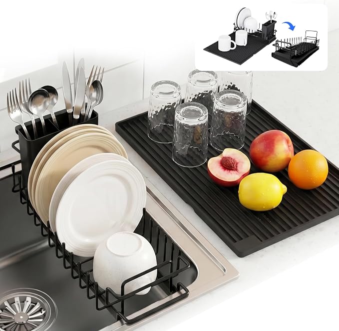 Expandable & Collapsible Dish Drying Rack for Over The Sink and in Sink, Stainless Steel with Silicone Drip Tray, Space Saving Adjustable Dish Rack for Small Kitchen, Apartment & RV by Unknown