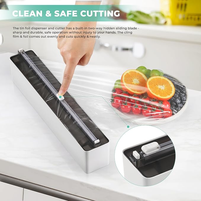 Magnetic Plastic Wrap Dispenser with Cutter - Practical Refillable Aluminum Tin Foil and Plastic Wrap Organizer for Drawer, Including an Extra Roll of 12"X 164' Food Cling Film - Black - Image 2