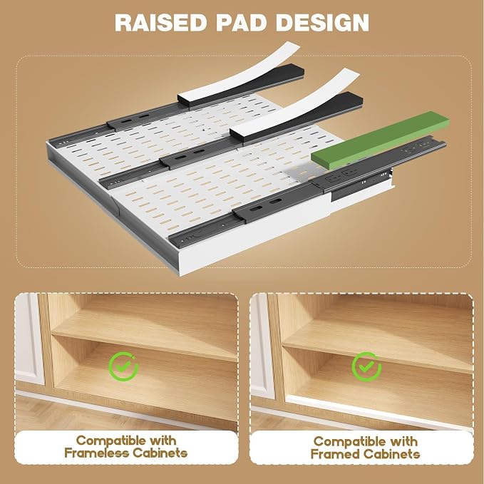 Seinloes Pull Out Cabinet Organizer, 4-Side Expandable to Fit Most Cabinets, 3 Rail Slide Out Drawers with Raising Pad for Framed & Frameless Cabinets, 13"-21"W x 17"-24"D, White, 4 Pack - Image 4