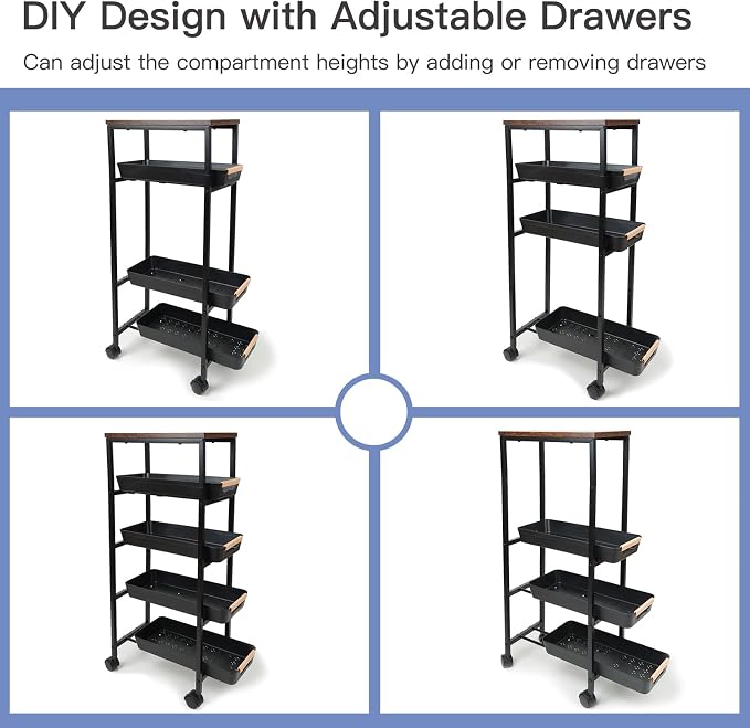 5 Tier Narrow Slim Rolling Cart Wood Top Storage Cart Black | 5 tier narrow rolling cart slides into 8 inch gaps, while solid wood top provides durable storage over plastic surfaces - Image 4