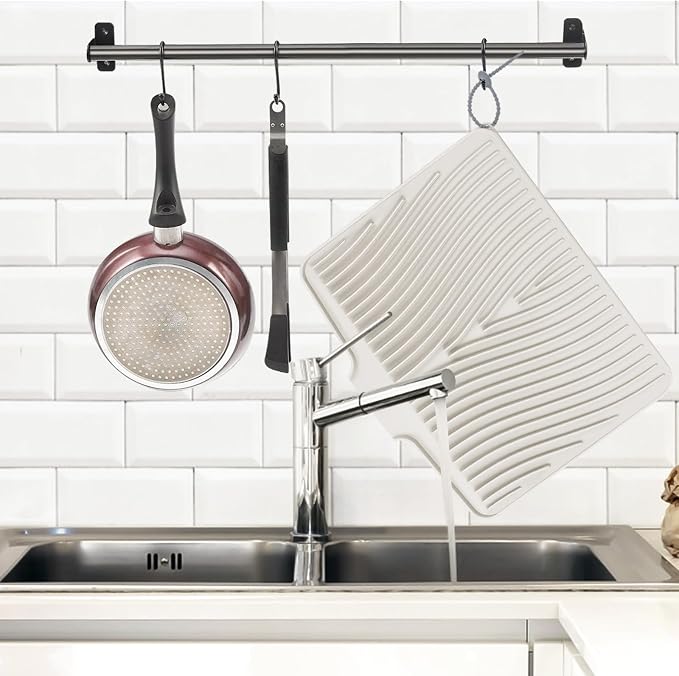 TIKNIK Silicone Dish Drying Mat for Kitchen Counter, Cream-1pcs, 16" x 12" | Heat Resistant & Non-Slip Dish Drain Pad with Built-In Drain, Dishwasher Safe, Quick-Dry, Hangable & Roll-Up for Storage - Image 5