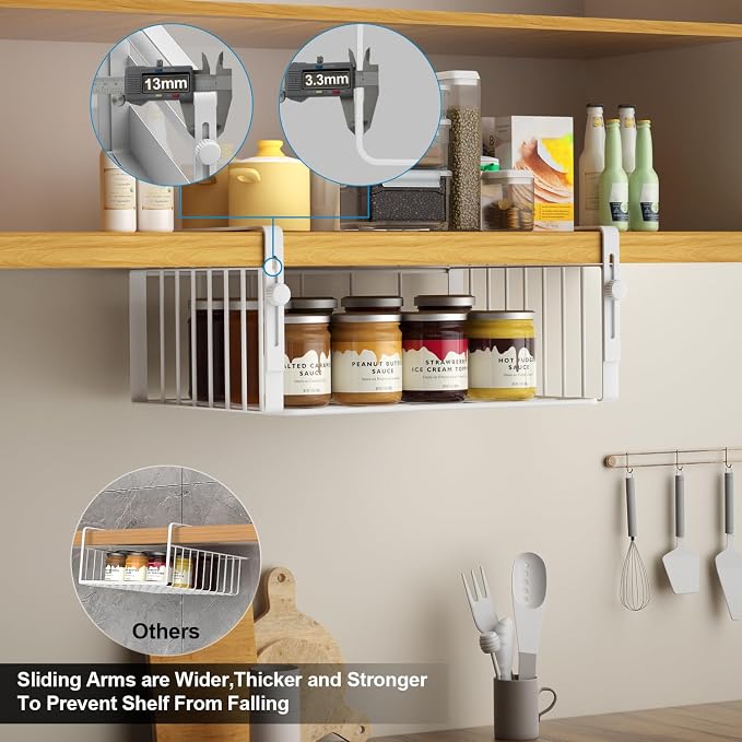 AmonHouseware 2Pack Under Shelf Basket Storage,Adjustable Hanging,White | Under Cabinet Shelf Add-on, Slide-in Baskets,Organizer for Laundry Room Kitchen Pantry Desk Bookshelf Counter Cupboard - Image 4