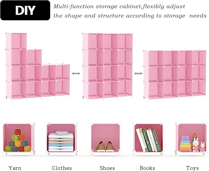 AWTATOS 12 Cube Storage Organizer, Closet Organizers Storage Shelves, Pink | Portable Closet Organizers, DIY Stackable Storage Cubes Shelves Bookshelf, Plastic Clothes Shelving for Home, Bedroom - Image 7