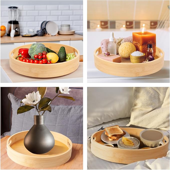 14in Bamboo Lazy Susan Organizer for Cabinet | Spice Turntable Organizer for Kitchen, Round Rotating Serving Tray Turntable Seasoning Organizer for Table Top - Image 4