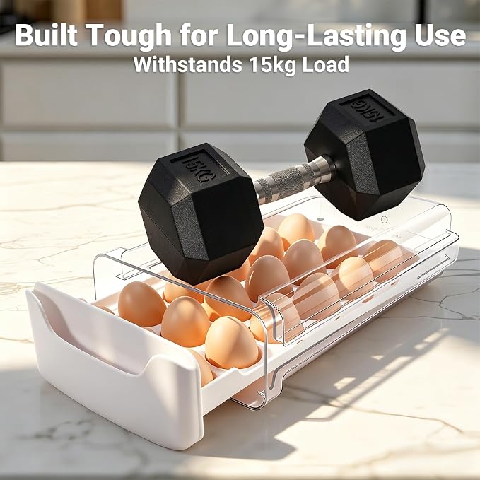 Egg-Holder for Fridge, Fits Small to Large Eggs, White | 18 Egg-Storage for Refrigerator Countertop, 1 Tier Dispenser with Drawer, Stackable Clear Egg Tray Container - Image 4