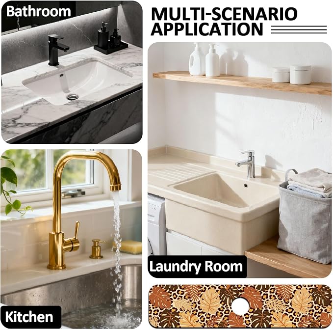 2 Pcs Kitchen Sink Splash Guard Faucet Mat Leopard Print Leaves Faucet Mat for Sinks Leaves Pattern Absorbing Drying Mats for Kitchen Bathroom, 23.6x5.5inch - Image 7