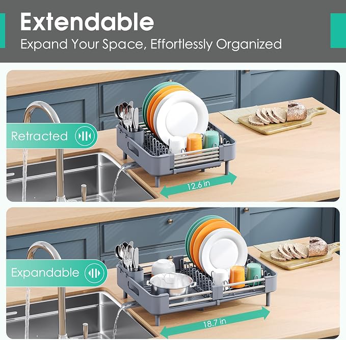 TOOLF Expandable Dish Drying Rack with Cutlery Holder, Standard, Grey | Over or In Sink Stainless Steel Dish Drainers for Compact Kitchen, Space Saving, Fast Drain, Rustproof, For 1-3 people - Image 2