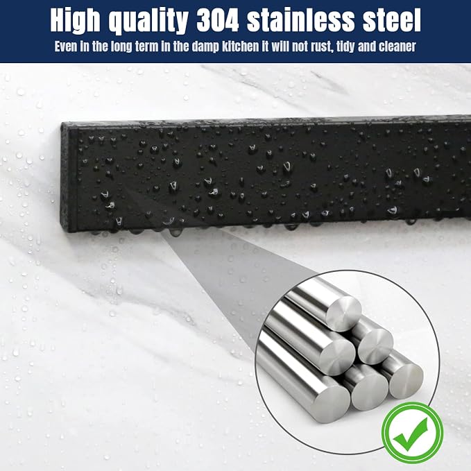 Dmore magnetic knife holder for wall—with 2 hooks, No Drilling 10 Inch black knife magnetic strip, Powerful knife magnet rack, include Adhesive Tape and screws for Knives, Utensils, and Tools - Image 7
