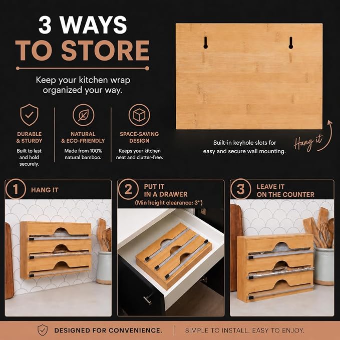 3-in-1 Bamboo Kitchen Wrap Organizer | Wall, Drawer & Counter | Serrated Cutter | Fits Any 12" Roll | Avero Brands - Image 4