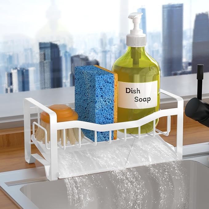 Stainless Steel Kitchen Sink Caddy Organizer with Auto Drain Tray, Sponge Holder for Countertop Storage (White) by Unknown