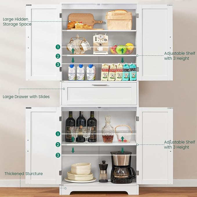 Iwell 67" Tall Storage Cabinet with Adjustable Shelf & 1 Large Drawer, Pantry Cabinet with 4 Doors, Kitchen Cabinets for Dining Room, Living Room, Home Office, White | Adjustable Shelf - Image 4