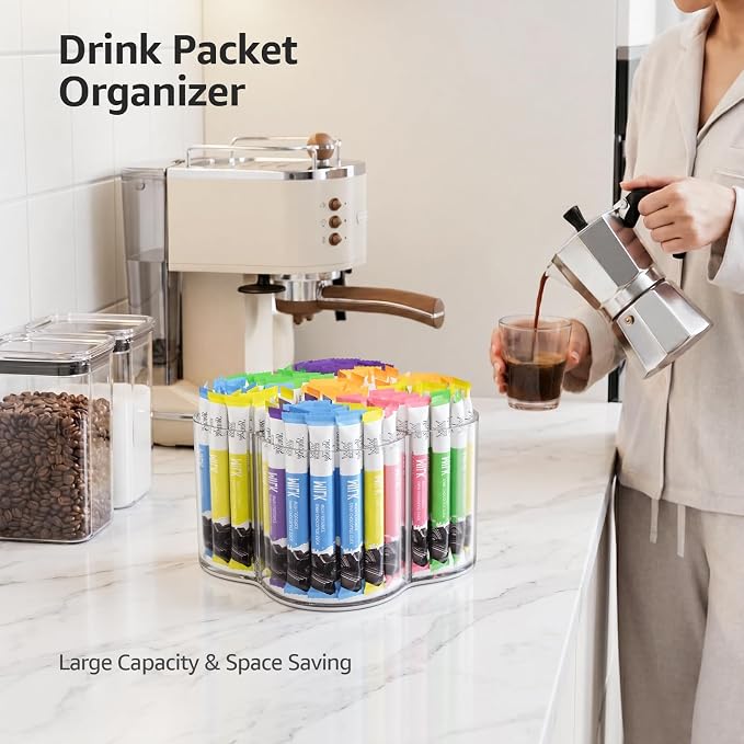 Drink Packet Organizer for Powdered Drink Mix, Divided Rotating Lazy Susan | Lazy Susan Turntable Organizer for Powder Packet, Clear Turntable Organizer Tray for Water Flavor Packets, Powder Mixes - Image 5