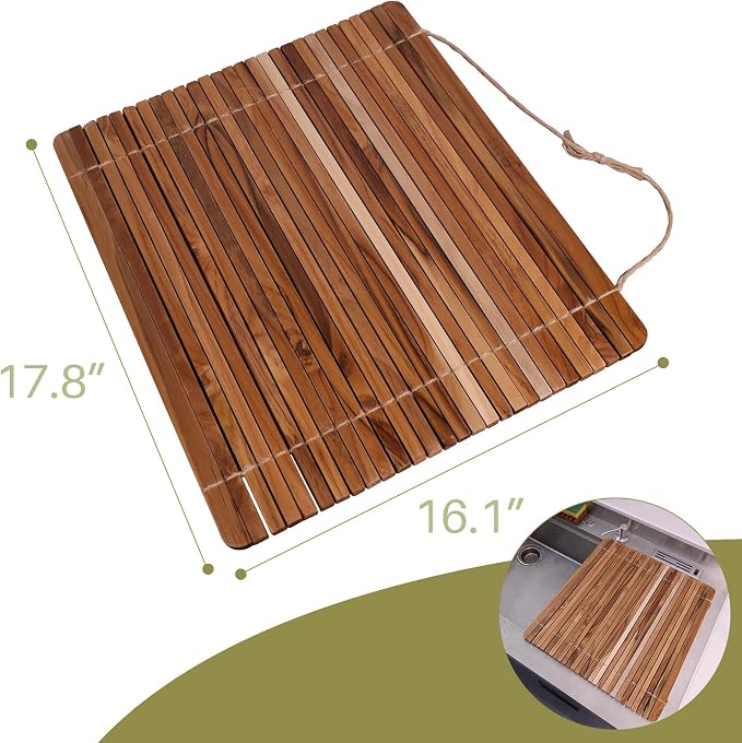 HTB Over Sink Dish Drying Rack 17.8'' x 16.1” Teak Wood | Roll Up Dish Drying Rack for Kitchen Counter,Space Saving,Collapsible Dish Drying Mat for Bowls,Vegetables,Fruits,Bottles - Image 3