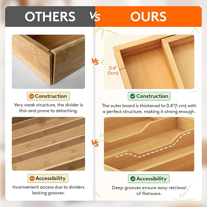 Lifewit Bamboo Utensil Organizer for Kitchen Drawer, Cooking Utensil Tray | Expandable Cutlery Silverware Flatware Holder, Wood Adjustable Spatula Tools Storage Divider, 15.6-28 x 18.5", Natural - Image 5